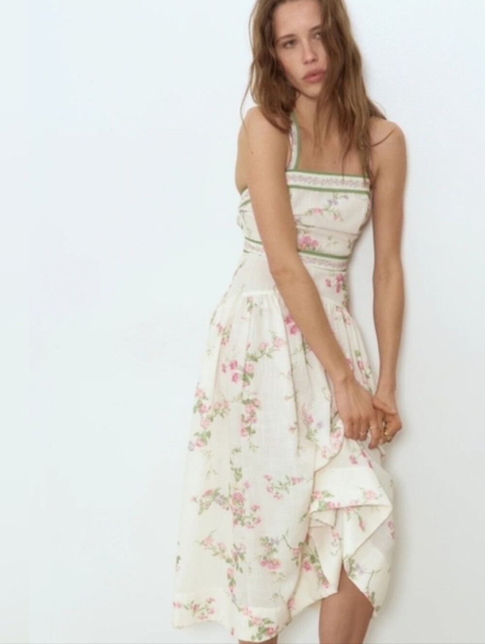 XS H&M Lovely Long FLORAL Back Tie-detail Midi Dress Floral Cream Floral BNWT - Picture 1 of 3